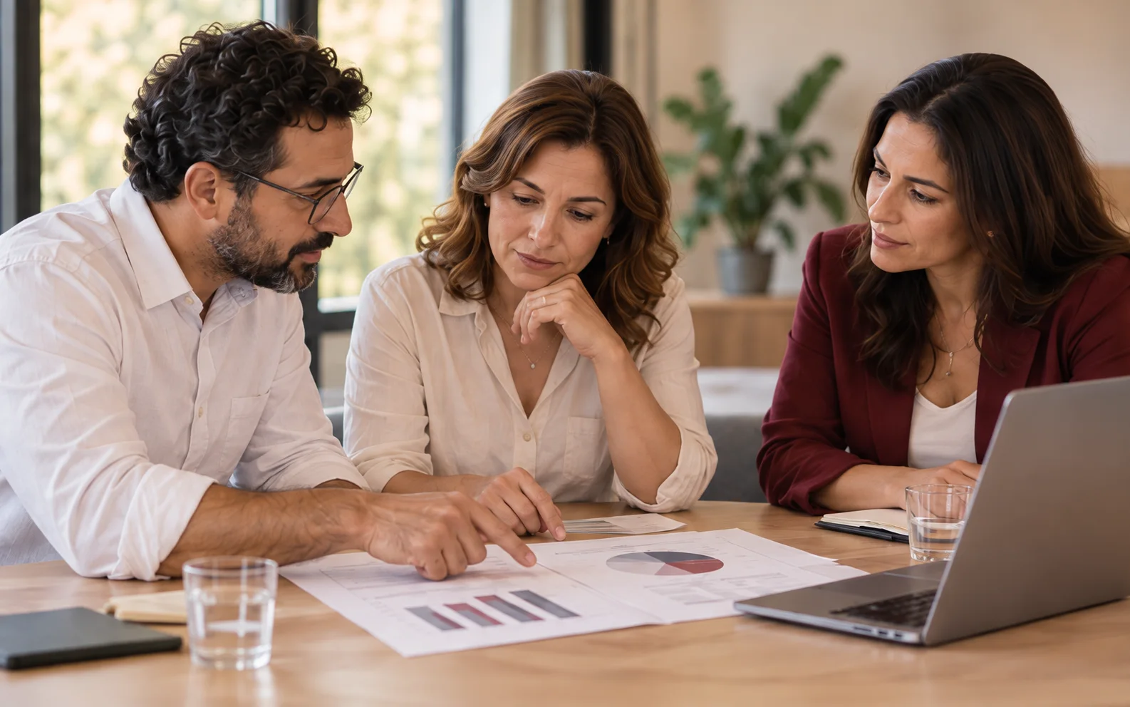 Consultores e cliente analisando documentos e as necessidades da empresa em conjunto